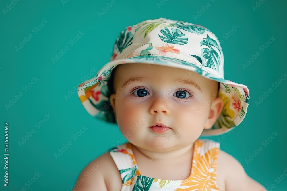 An adorable baby wearing a floral hat and summer outfit An adorable baby wearing a floral hat and summer outfit