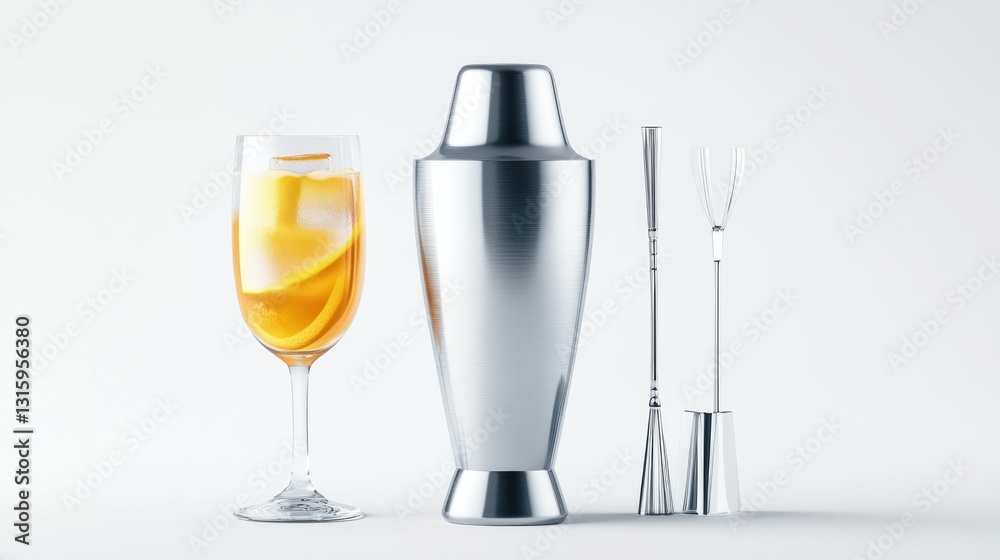 Obraz premium Ultra-detailed Hyper-realistic image of a Japanese-style cocktail shaker set with fine detailing on a pure white background, isolated, sharp details, professional studio lighting