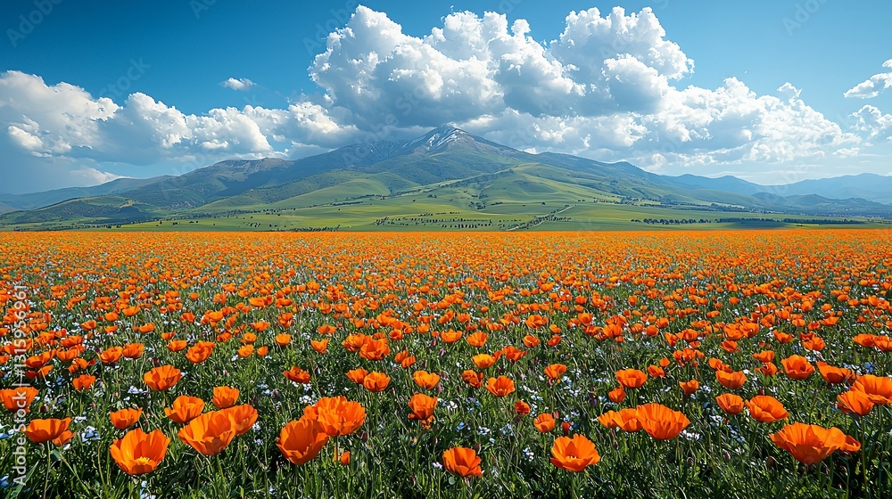 Vibrant Orange Poppy Field Against Majestic Mountains and Blue Sky with Fluffy White Clouds Vibrant Orange Poppy Field Against Majestic Mountains and Blue Sky with Fluffy White Clouds