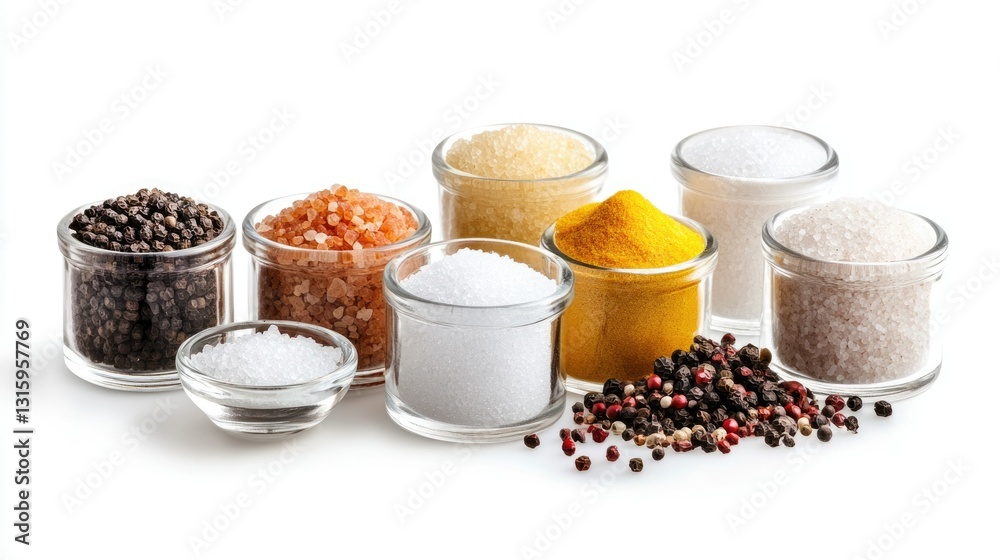 Ultra-detailed Hyper-realistic image of a seasoning set with infused sea salts and exotic pepper blends on a pure white background, isolated, sharp details, professional studio lighting Ultra-detailed Hyper-realistic image of a seasoning set with infused sea salts and exotic pepper blends on a pure white background, isolated, sharp details, professional studio lighting