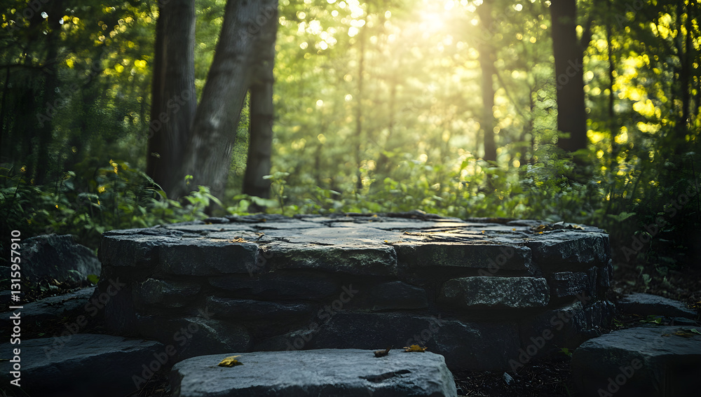 Obraz premium Sunlit Forest Clearing with Stone Platform, AI GENERATIVE