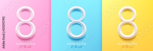 Set of 8 March women day 3D background with pink, blue and yellow color. Women's international day design elements. Vector pastel minimal neumorphism design. Use for cover, social template, banner.