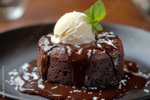 Deliciously rich lava cake with warm, flowing chocolate and creamy vanilla ice cream melting on top.