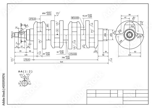 crankshaft, CAD technical drawing, illustration, mechanical part piston engine motor, white background isolated