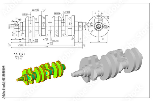 crankshaft, CAD technical drawing, and 3D illustration, structural and fatigue analysis mechanical part piston engine motor, white background isolated