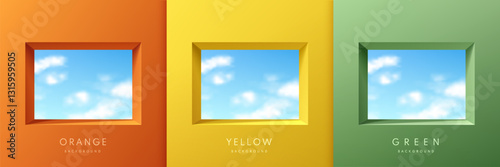 Set of square window with cloud blue sky in Orange, yellow, green background. Minimalist studio mockup pedestal. Abstract stand product display presentation, Stage for showcase. Vector platform design