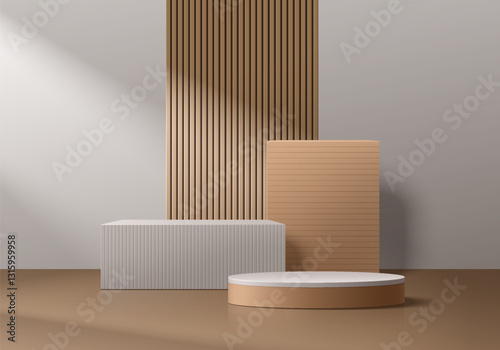 Realistic brown 3D cylindrical podium background with cube box on slatted wood panel. Minimalist mockup pedestal or Abstract product display presentation, Stage for showcase. Platforms vector design.