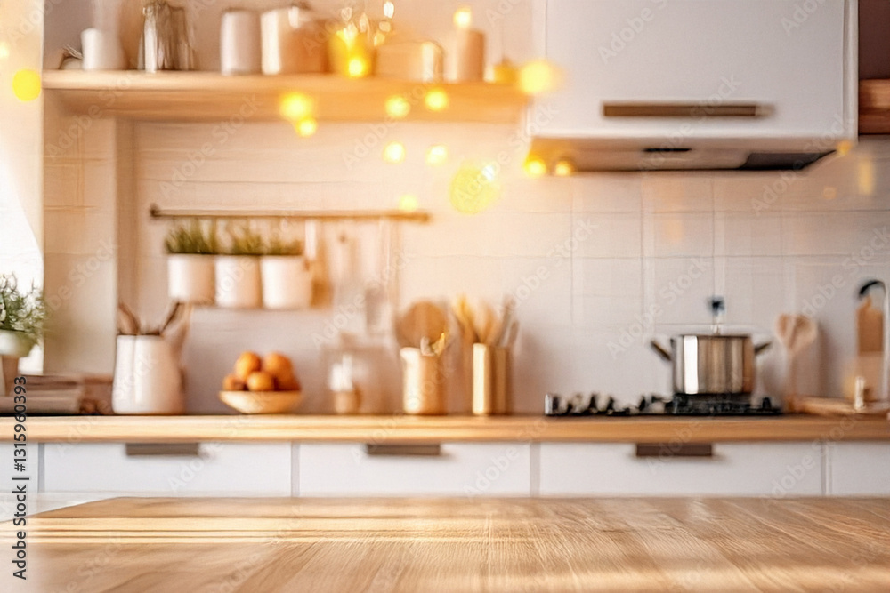 Blurred view of modern kitchen interior with white furniture Blurred view of modern kitchen interior with white furniture