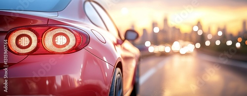 In the evening twilight, a chic car travels on a city highway, the skyline lit up with vivid lights, demonstrating the vibrancy of urban existence and dynamic flow