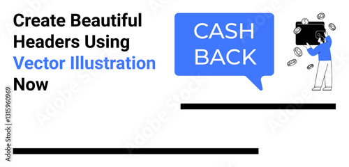 Wallet emitting coins next to speech bubble with Cash Back text. Ideal for discounts, rewards, online shopping, e-commerce, promotions, marketing, and flat landing page banner