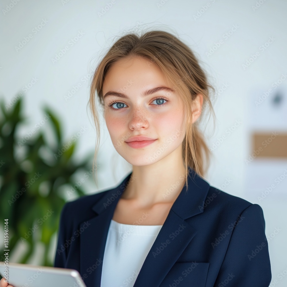Businesswoman using tablet in modern office space professional setting Businesswoman using tablet in modern office space professional setting