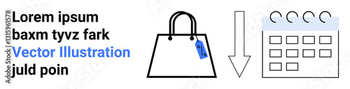 Shopping bag with tag connected to calendar using arrow, representing purchase scheduling or planning. Ideal for e-commerce, retail, time management, logistics, marketing, sales strategy, flat