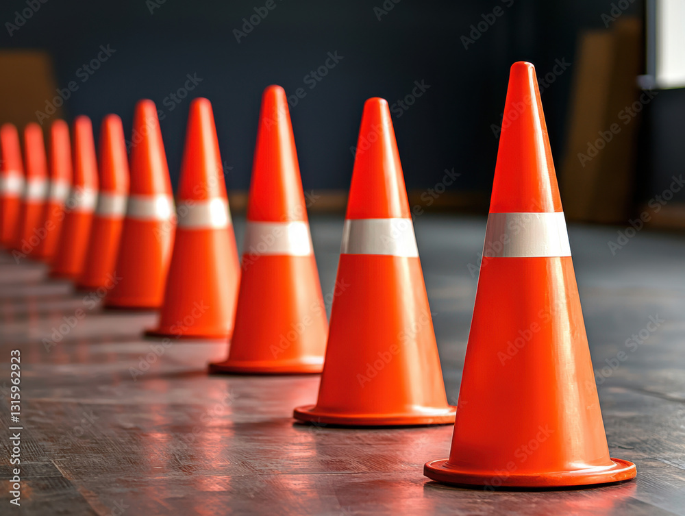 A row of bright orange traffic cones arranged neatly for sports agility drills on a clean isolated surface A row of bright orange traffic cones arranged neatly for sports agility drills on a clean isolated surface