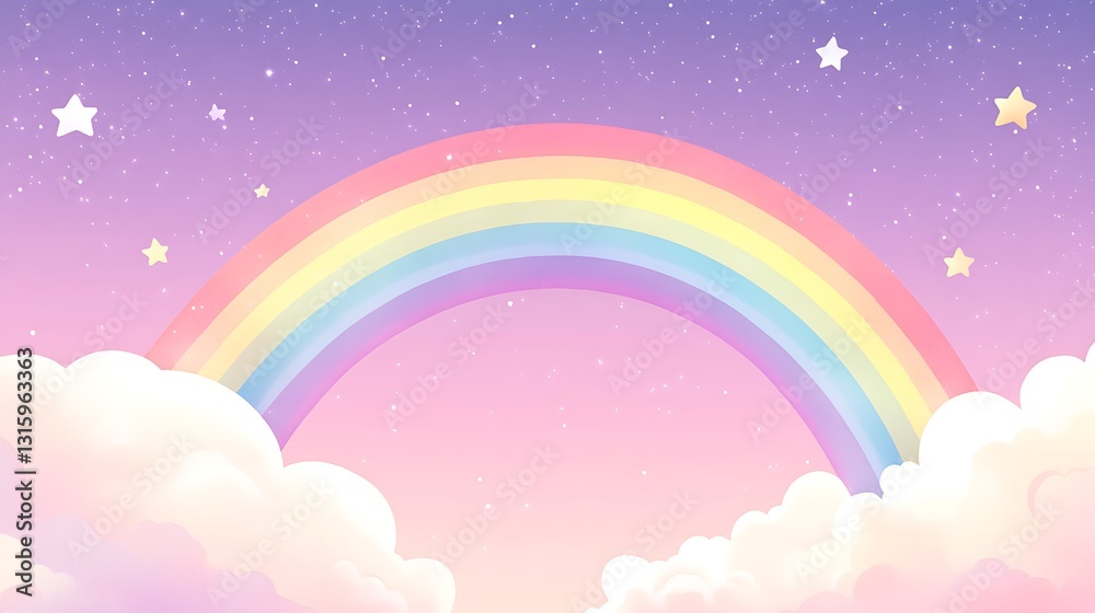 Pastel rainbow arch over fluffy clouds and starry sky. Pastel rainbow arch over fluffy clouds and starry sky.