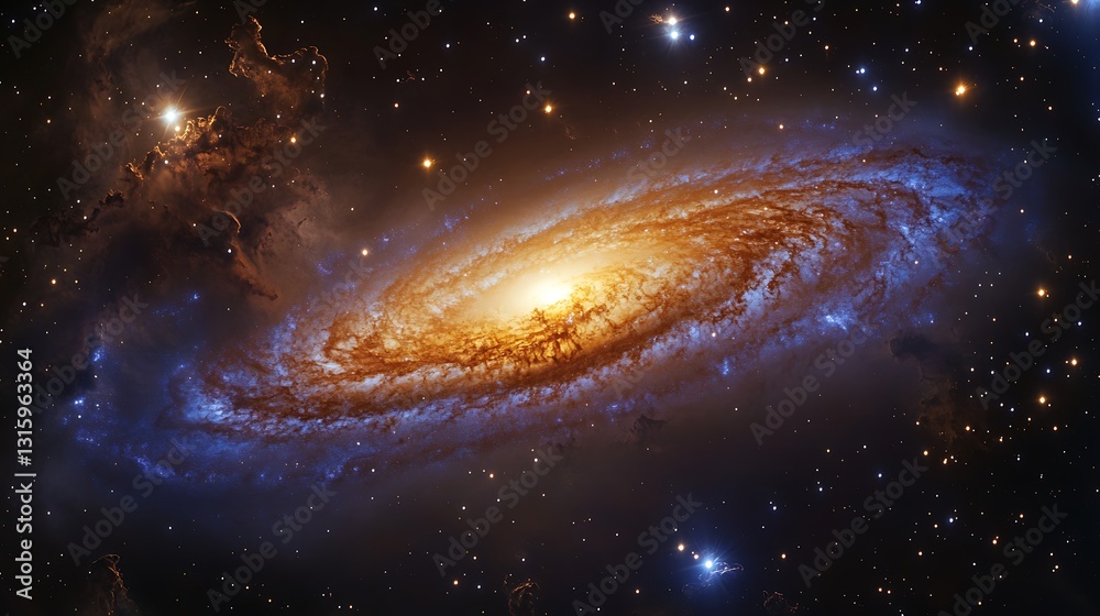 Naklejka premium Spiral galaxy with a glowing core and vibrant nebula in a starry deep space background