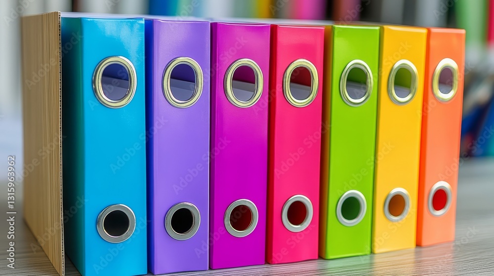 A neatly stacked box of colorful file folders, with documents partly showing on a table, suggesting a workspace or study room A neatly stacked box of colorful file folders, with documents partly showing on a table, suggesting a workspace or study room