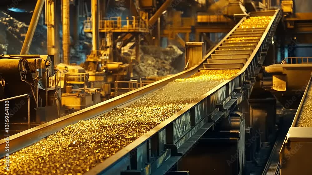 Gold Ore Conveyor Belt in a Mining Facility Gold Ore Conveyor Belt in a Mining Facility