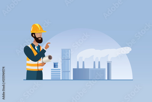 Professional Engineer holding blueprint inspecting and monitoring industry factory plant. Vector.