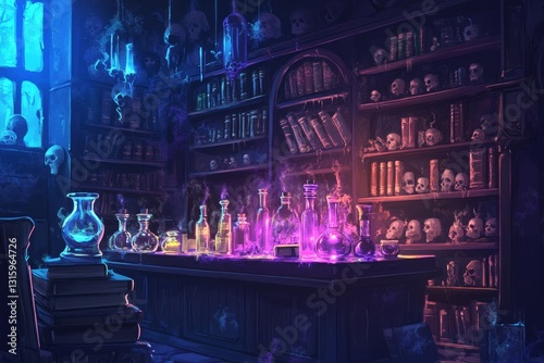 A dark room with shelves full of books and skulls. The room is lit with purple and blue lights