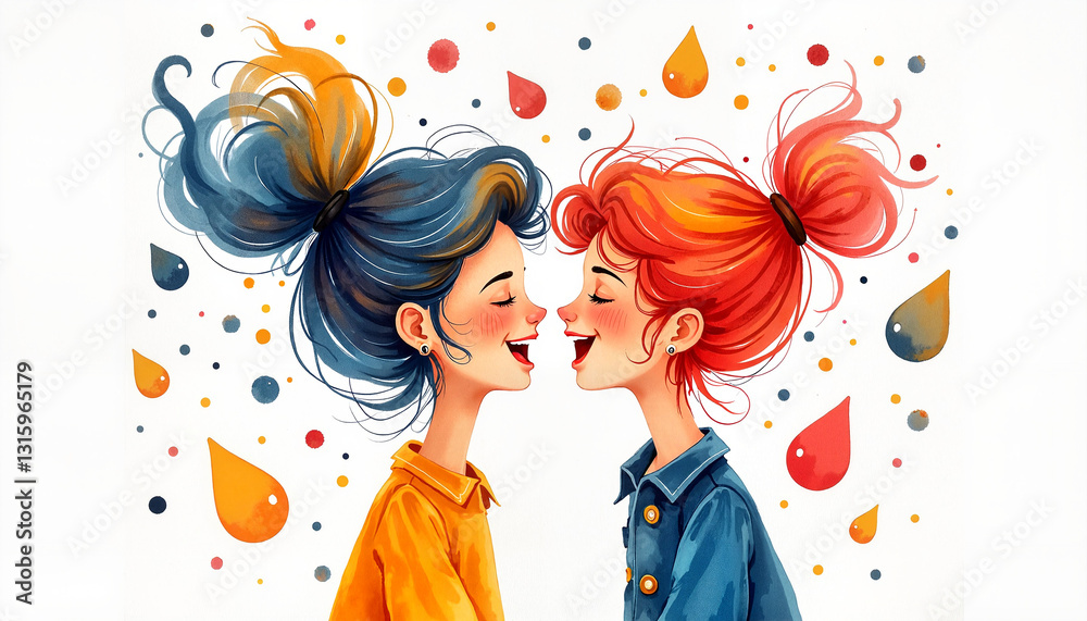 Playful illustration of two friends sharing a joyful moment with colorful hair and cheerful expressions Playful illustration of two friends sharing a joyful moment with colorful hair and cheerful expressions