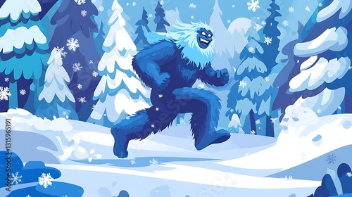 A blue yeti runs through a snowy forest landscape.