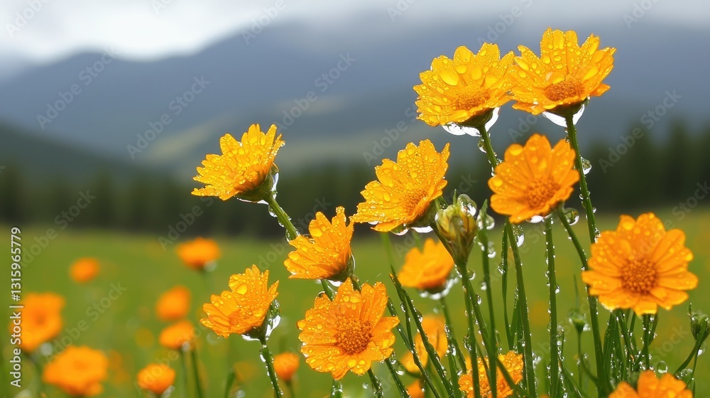 Vibrant Yellow Wildflowers with Dew Drops in a Lush Green Field Surrounded by Mountains and Dramatic Sky in a Scenic Nature Landscape Vibrant Yellow Wildflowers with Dew Drops in a Lush Green Field Surrounded by Mountains and Dramatic Sky in a Scenic Nature Landscape