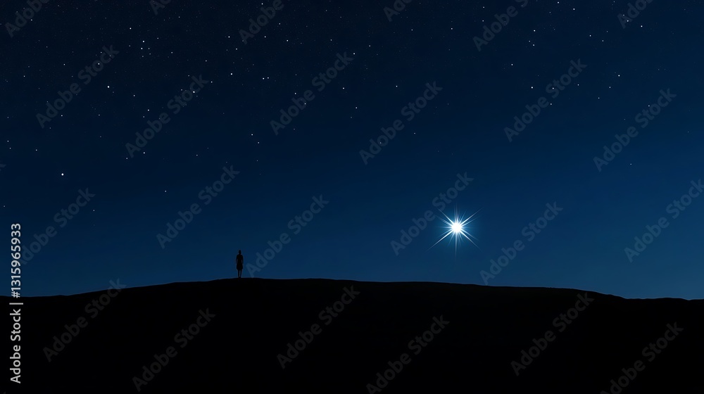 Naklejka premium Solitary figure silhouetted against a starlit night sky, a bright star shining.