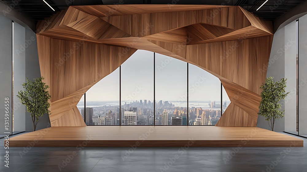 Obraz premium Modern Architectural 3D Render: Geometric Wood Wall Installation with City View AI Generated