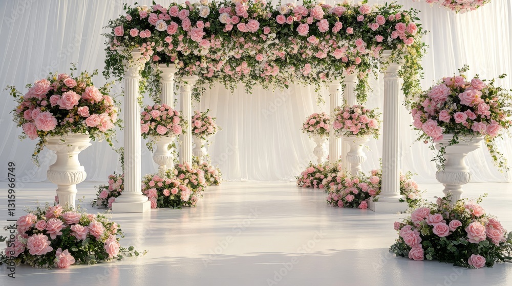 A tranquil background showcasing stylish white columns accented with tender pink and white flowers, perfect for any event or photography session
