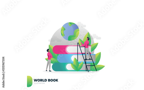 Global learning People stacking books, ladder, earth background, education