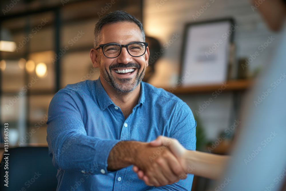 Obraz premium Smiling man in glasses shakes hands, happy meeting.