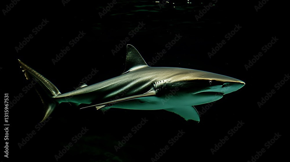 Fototapeta premium A shark swimming in dark water, illuminated from the side, showing its sleek body and sharp teeth.