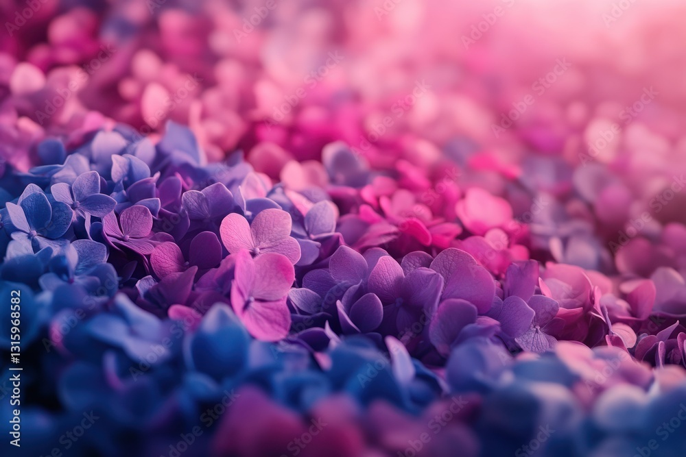 Obraz premium Pink and blue hydrangeas close-up, sunlit background, floral texture, website design