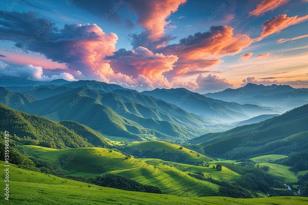 Obraz premium Tranquil Mountain View with Lush Green Hills and Colorful Clouds in Serene Landscape