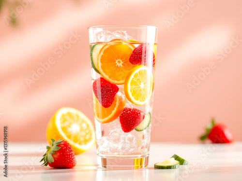 Fresh citrus and berry cocktail with ice cubes, mint leaves, and a striped straw in a glass. Orange, strawberry, blueberry, and cherry on a reflective surface with a tropical blurred background. 