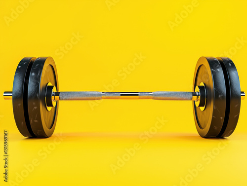 Barbell isolated on a bright yellow background emphasizing strength training equipment for fitness enthusiasts and athletes
