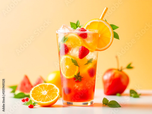 Fresh citrus and berry cocktail with ice cubes, mint leaves, and a striped straw in a glass. Orange, strawberry, blueberry, and cherry on a reflective surface with a tropical blurred background. 