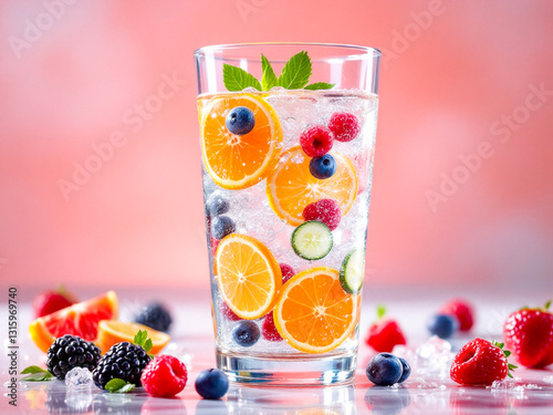Fresh citrus and berry cocktail with ice cubes, mint leaves, and a striped straw in a glass. Orange, strawberry, blueberry, and cherry on a reflective surface with a tropical blurred background. 