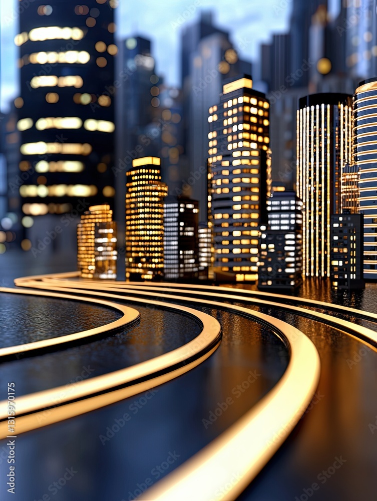 Fototapeta premium Vibrant Cityscape with Illuminated Buildings and Curving Road at Dusk