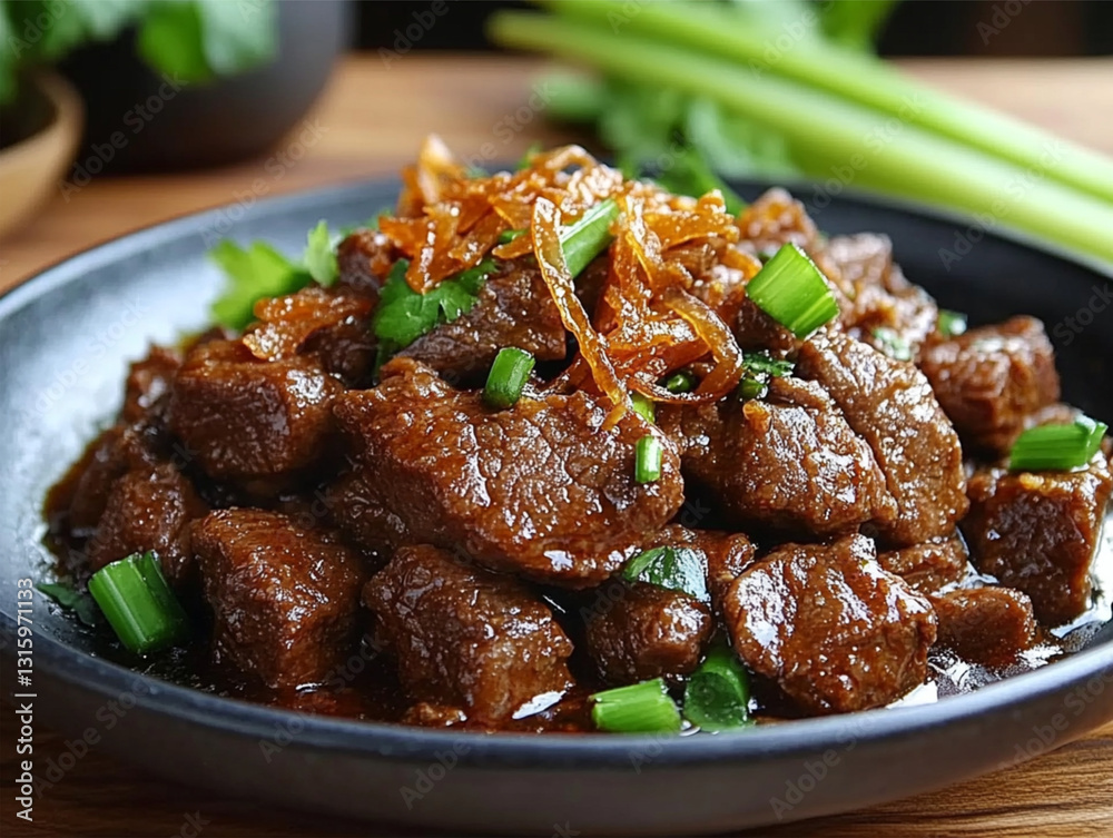 Delicious glazed beef pieces garnished with fresh green onions and served in a dark rustic dish. Delicious glazed beef pieces garnished with fresh green onions and served in a dark rustic dish.