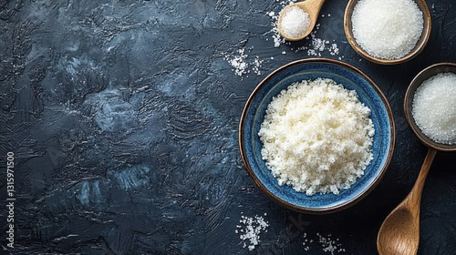 Close-up of both coarse and fine salt varieties displayed together in a simple yet elegant presentation