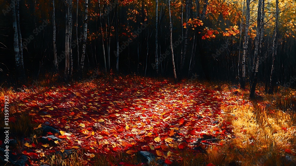 Fototapeta premium Sunlit autumn forest floor covered in red and yellow leaves.