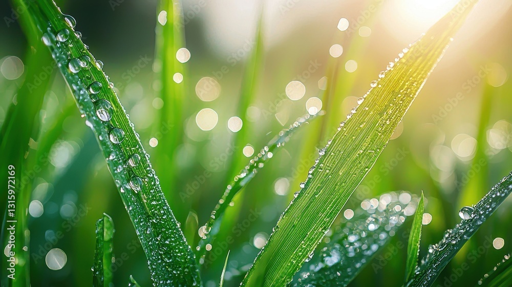Naklejka premium Glistening Green Grass Blades with Morning Dew