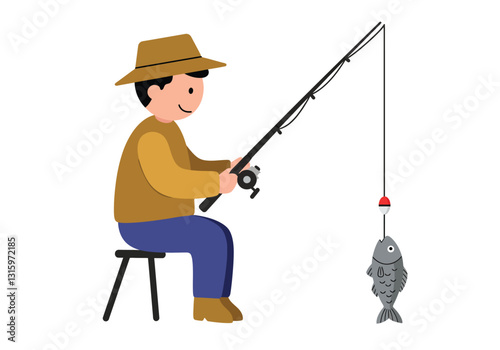 Going fishing clipart. A person sitting on a stool, holding a fishing rod with a fish caught on the line. Vector illustration design.