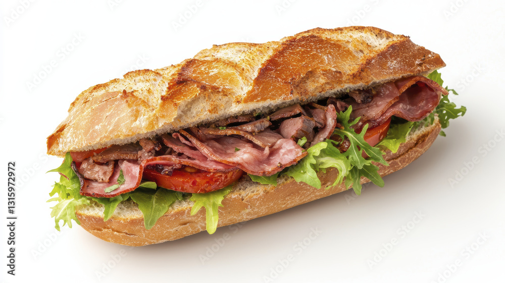 Delicious sandwich with layers of meat, lettuce, and tomato on crusty bread Delicious sandwich with layers of meat, lettuce, and tomato on crusty bread