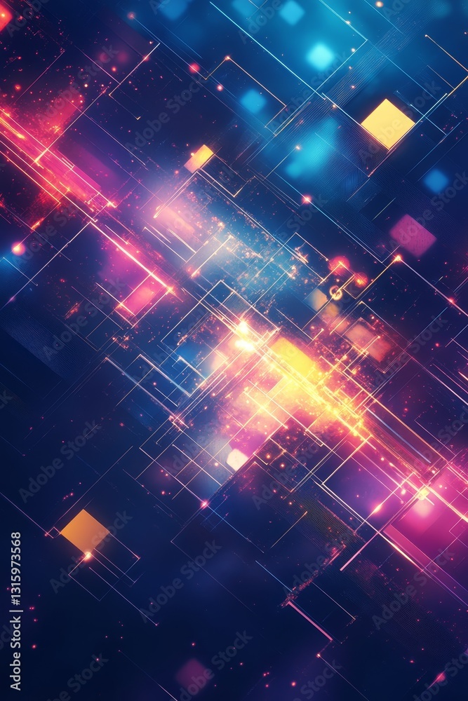 A colorful, abstract image of a cityscape with bright lights and squares