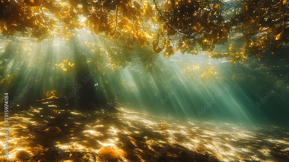 Fototapeta premium Sunbeams illuminate underwater kelp forest, creating a magical scene.