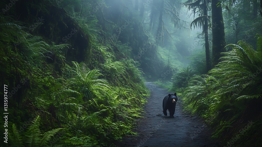Fototapeta premium Black bear walking on misty forest trail.