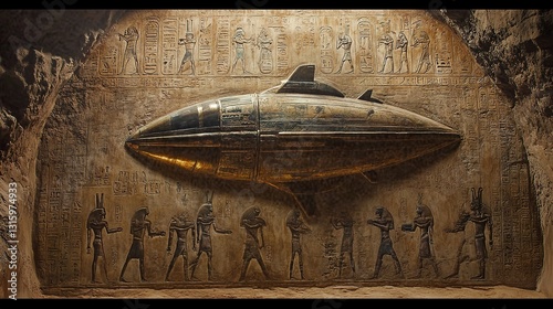 Ancient Egyptian hieroglyphs depicting an alien spaceship and aliens, carved on the wall of an ancient pyramid in Egypt, photo-realistic.