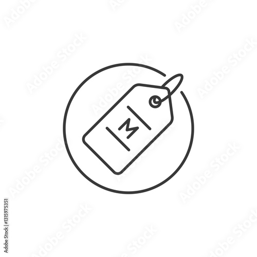 This M tag icon emphasizes size categorization in commerce, featuring a minimalist design to highlight tailored products and attract precise customer interest